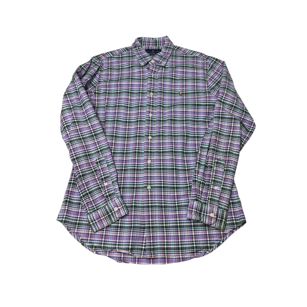 Ralph Lauren Mens Slim Fit Stretch Oxford Plaid Button Down Shirt Purple LG